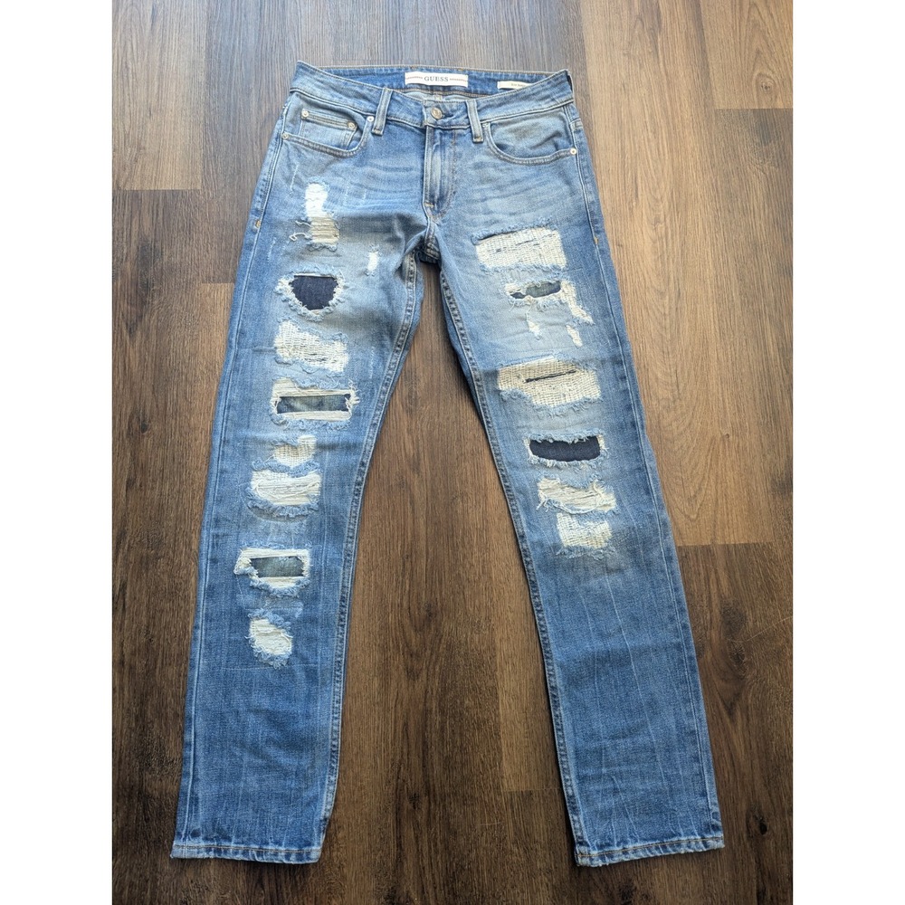 Guess Jeans Mens 29 Slim Tapered Distressed Patches Destroyed Rip Repair Grunge‎